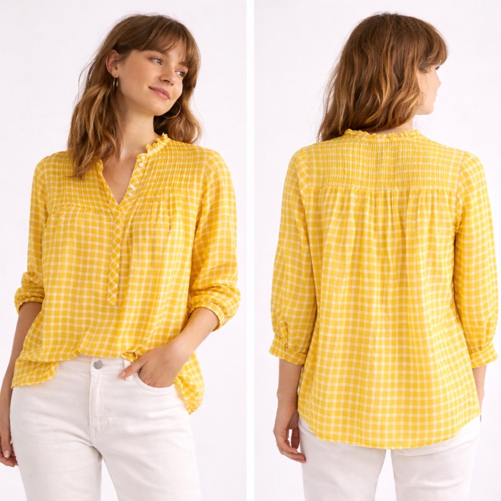 J. Crew Marigold Gingham Cotton Blouse Ruffle Neck Women’s Size 00P
